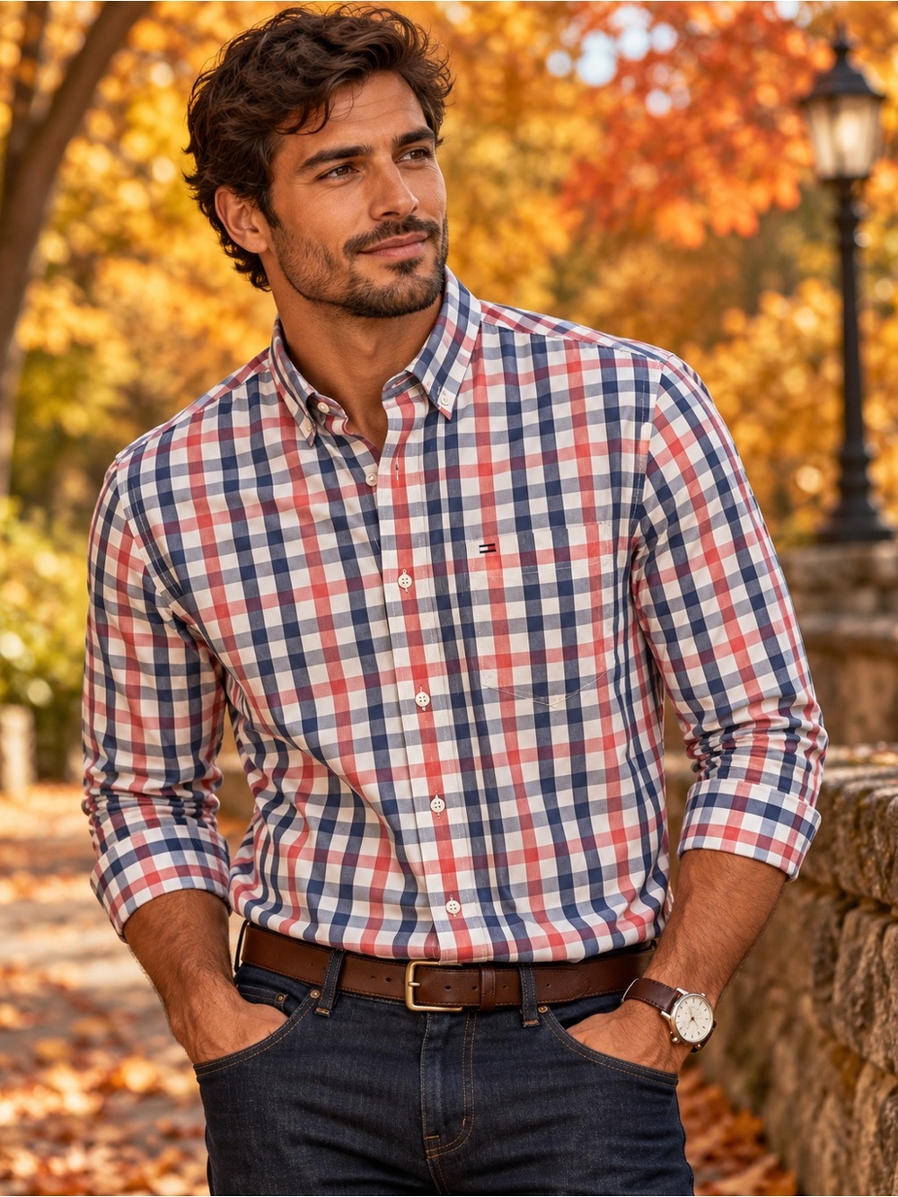Tommy Hilfiger Men’s L Plaid Button Down Shirt Custom Fit Red Navy Preppy